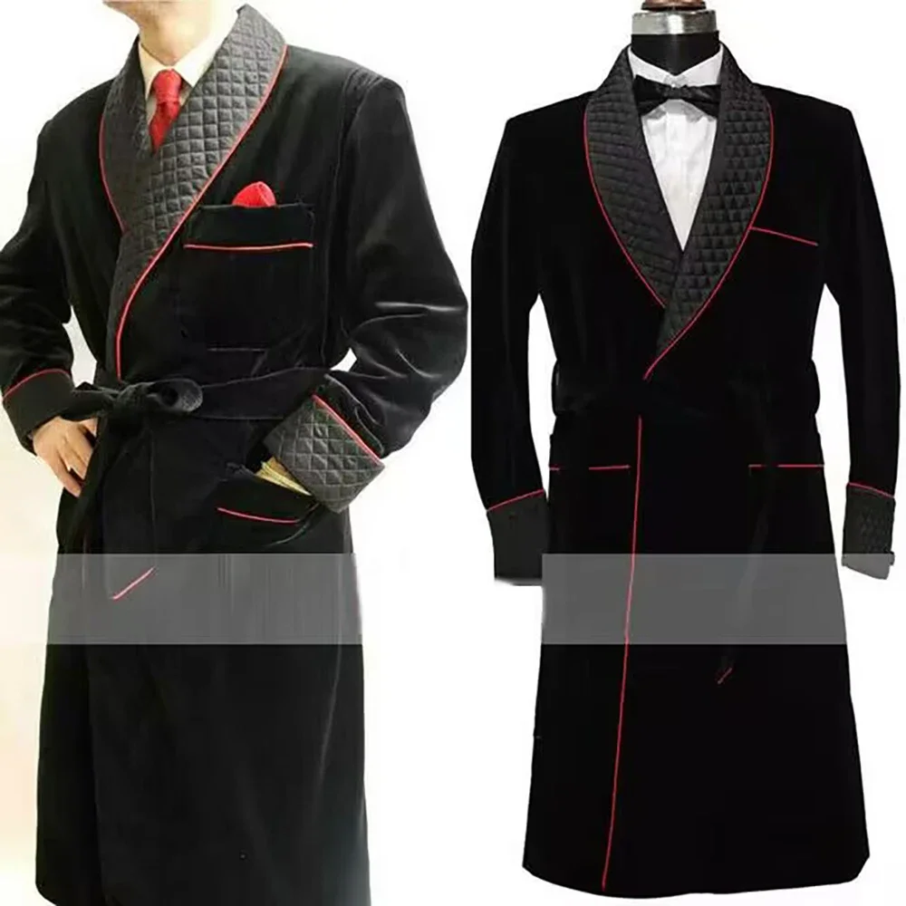 Long Velvet Smoking Jacket Shawl Lapel Wedding Groom Coat Terno Men Suit Blazer with Belt 1 Pc men suits jackets