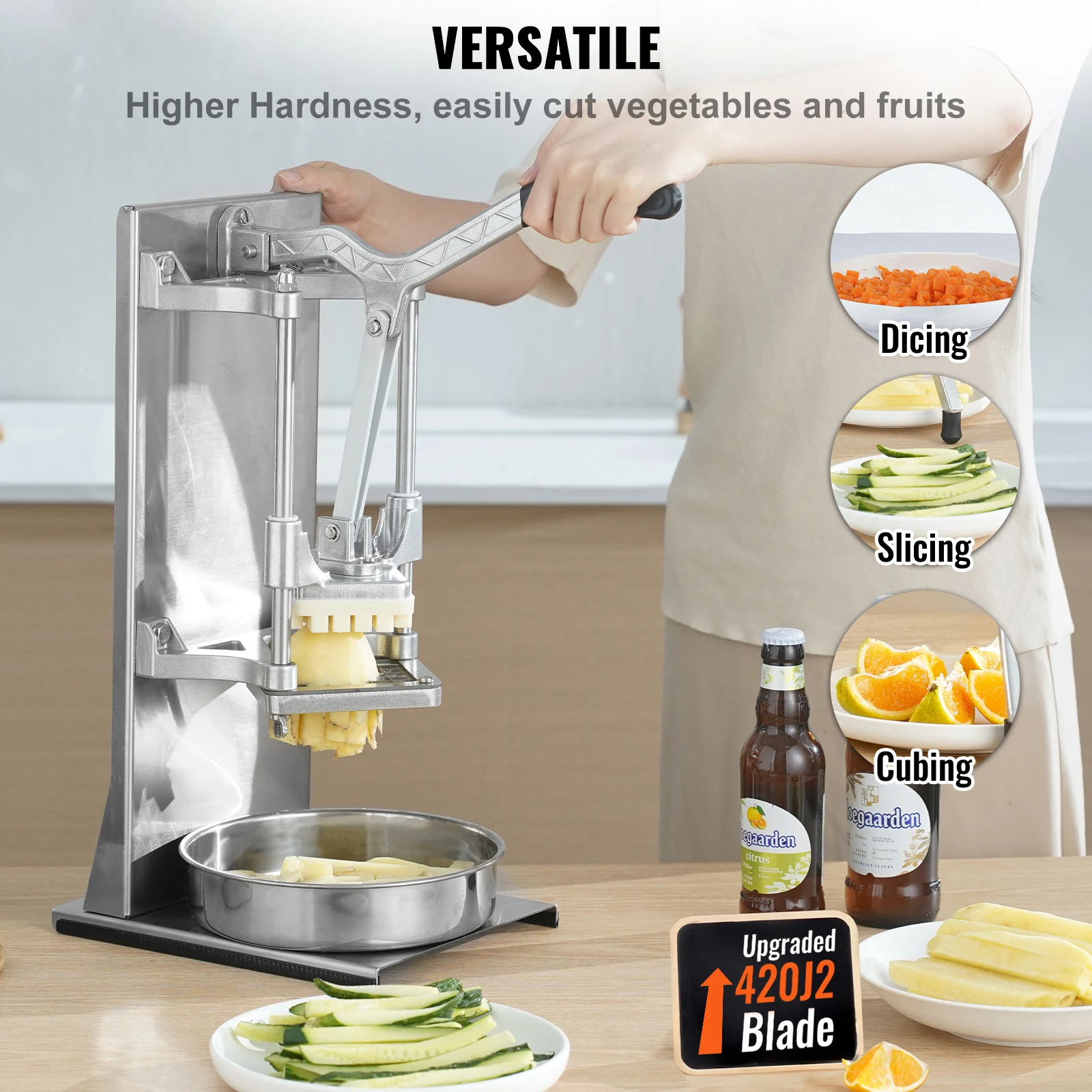 SucceBuy Commercial French Fry Cutter with 4 Replacement Blades Lemon Potato Cutter for French Fries with Extended Handle 2
