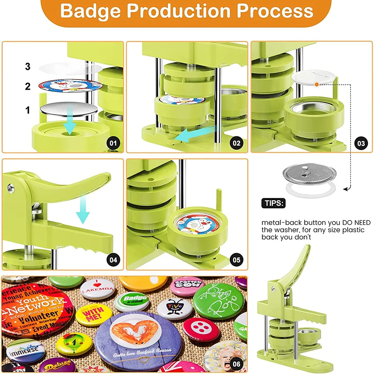 Badge Button Maker Machine 25-58MM DIY Pin Badges Set with 100-500Pcs Button Parts+Circle Cutter+Mold, Badge Press Maker Machine