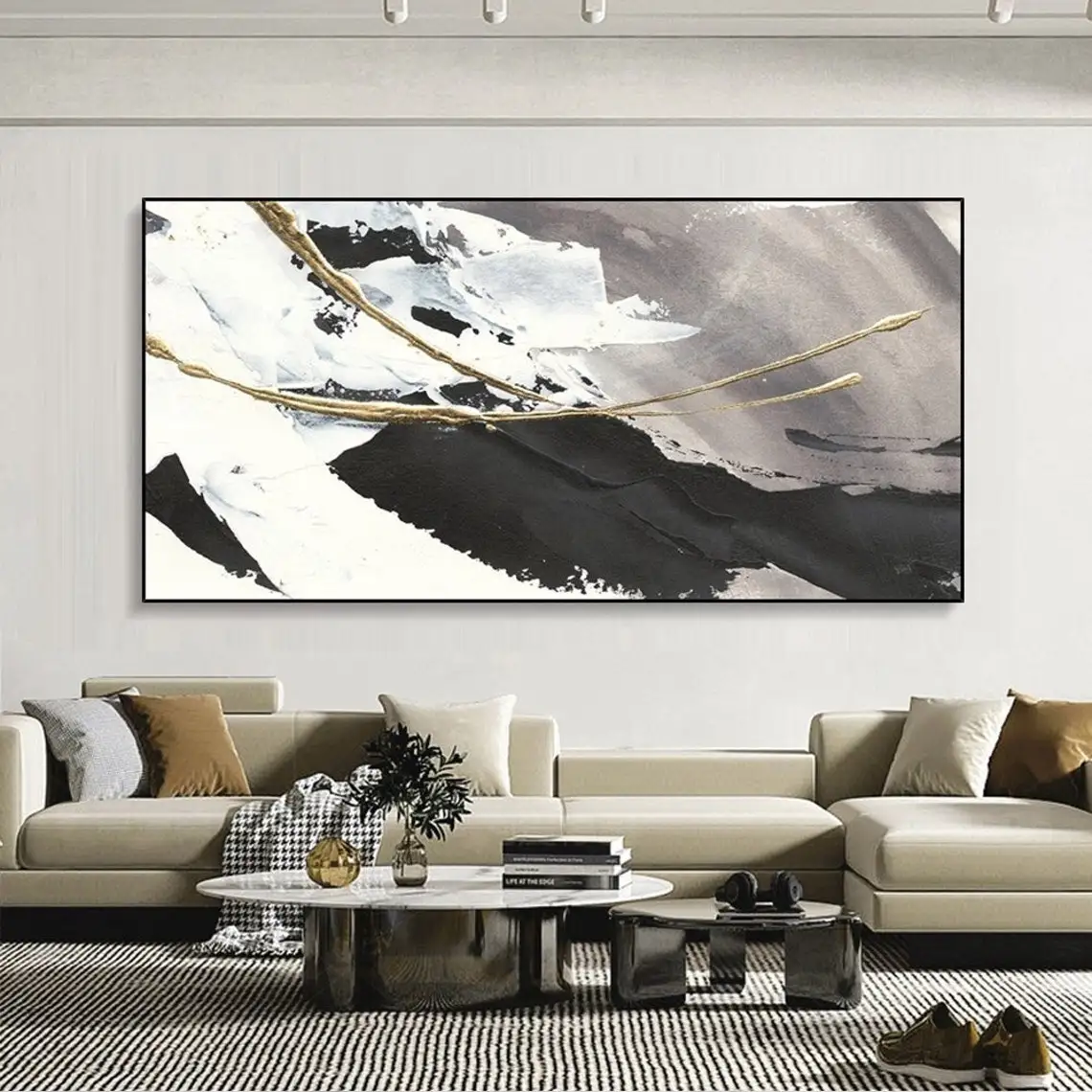 Large Abstract Oil Painting on Canvas Textured Wall Art Gold Foil Black White Acrylic Painting Modern Living Room Home Decor