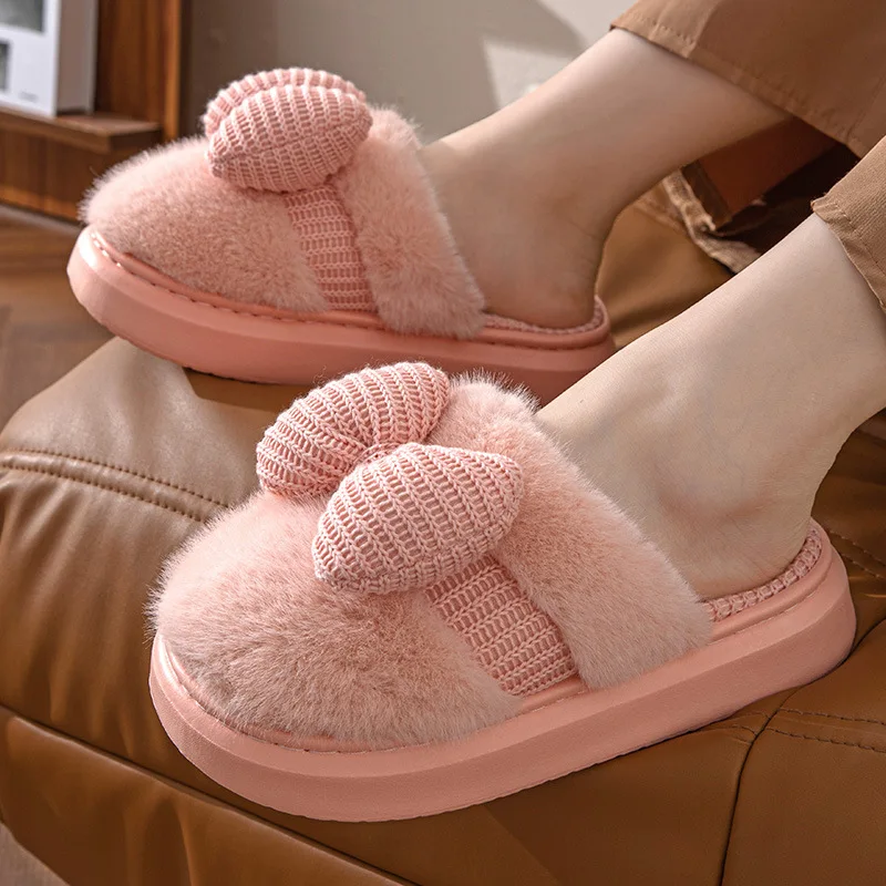 Women Fashion Plush Warm Bows Cotton Slippers Couple Winter New Thick Soft Sole Slides Men Indoor Floor Flat Home Non-slip Shoes 3