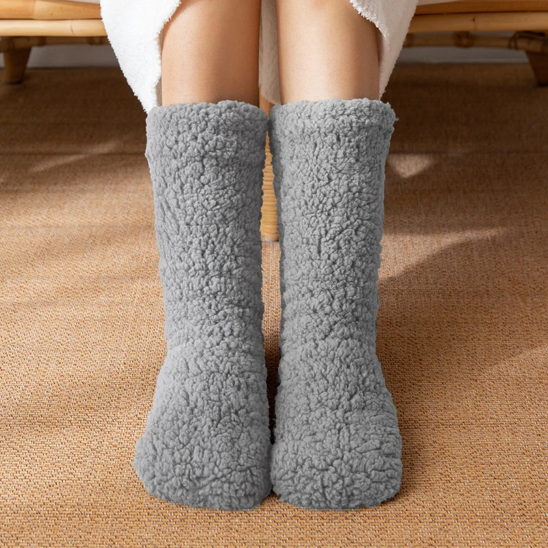 1 paar Verdickte Winter Woven Thermische Kaschmir Boden Socken Einfarbig Samt Teppich Schlaf Socken Anti Slip Boden Pantoffel Socke – Detail 8