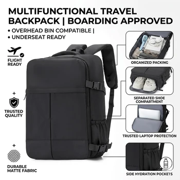 Zaino da viaggio, borsa da viaggio minimalista approvata per il trasporto aereo con tasca per scarpe, custodia per laptop da 17 pollici, zaino da lavoro per il weekend.