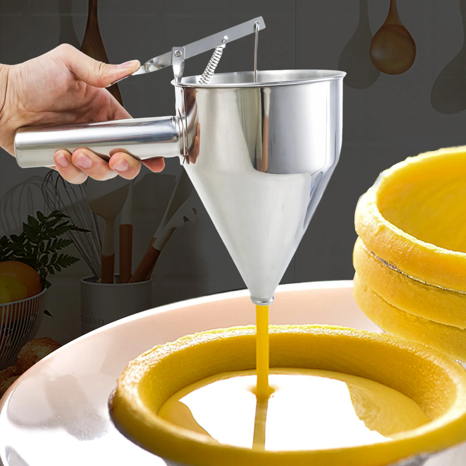 Batter Dispenser Stainless Steel Funnel Dispenser with Lid and Holder Cupcake Pancake Batter Maker Kitchen Baking Tool