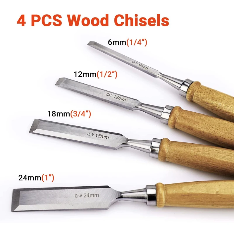 4PCS Wood Chisel Sets Cr-V, Chisel Set for Woodworking, 6mm(1/4),  12mm(1/2), 18mm(3/4), 24mm(1)