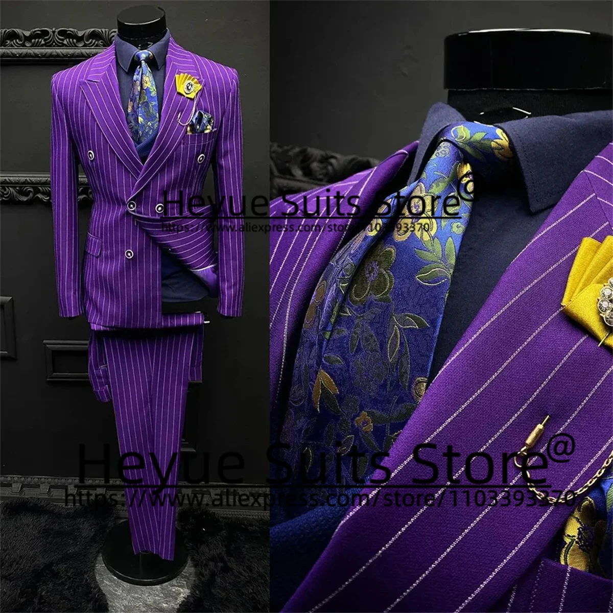 

ltaly Style Purple Stripe Wedding Suits For Men Slim Fit Peak Lapel Groom Tuxedos 2PCS Sets Elegant Male Blazer trajes de hombre