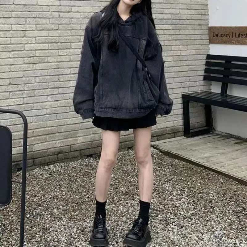 American Style Vintage Women's Denim Sweatshirt Jacket Loose Fit Hooded Pullover Sweatshirt Trendy Spring Autumn 2023 Arrival