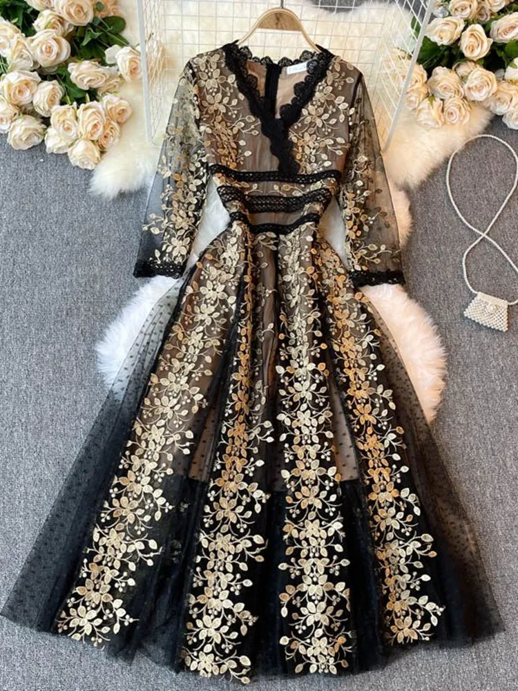 New Fashion Ladies Embroidered Flower Dress Women V Neck