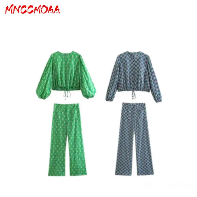 

MNCCMOAA-Винтажные комплекты рубашек с принтом и брюк с высокой талией для женщин, свободные топы, повседневная Летняя мода, 2024 г.