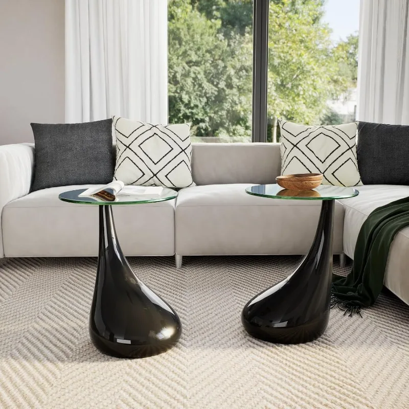 2 piece set Round Coffee table with glass top - Modern and small, black coffee table (diameter 16.5 inches) 4