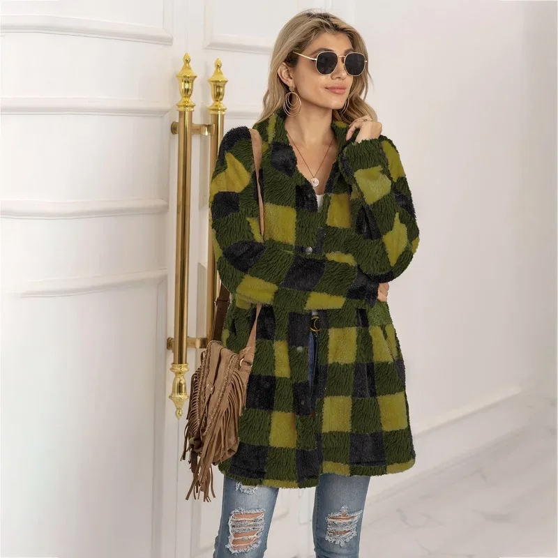 Autumn Winter Warm Plaid Furry Coats Women Lapel Single Breasted Fake Fur Jackets Office Lady Chic Casual Loose Fleece Outwears