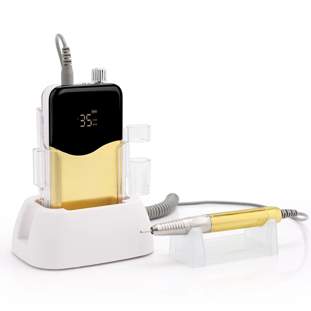 밝은 메탈릭 골드 85W 브러시리스 35000rpm 충전식 네일 드릴 휴대용 무선 네일 드릴 머신 세트 매니큐어 도구