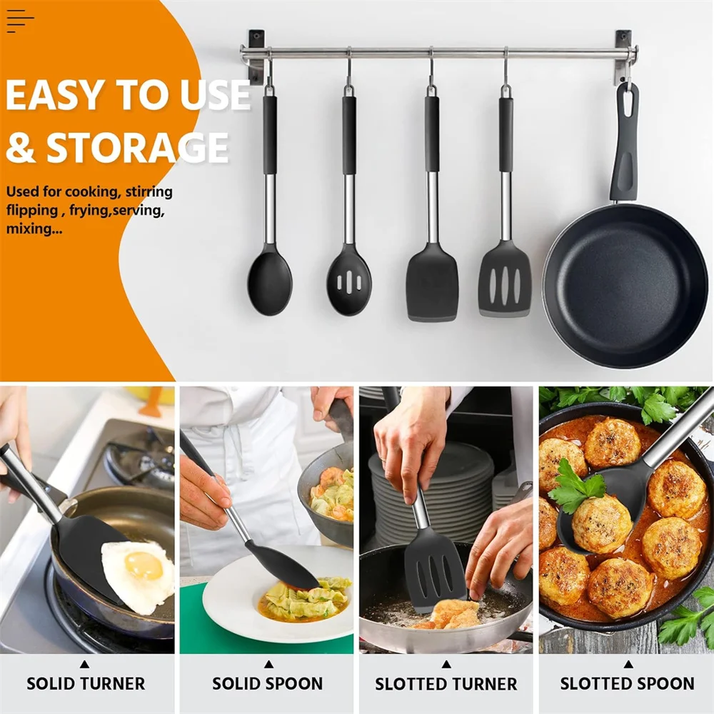 4 Pieces Silicone Spatula Kitchen Cooking Utensils Stainless Steel Tight Spatula Leaky Non-stick Cookware Kitchen Tools