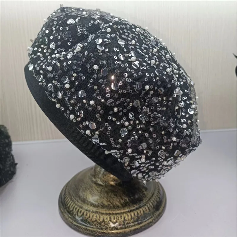 

202312-2508314 ins chic Design spring Fashionable sequin mesh Shine butterfly lady beret cap women Leisure painter hat