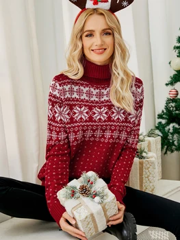 Women s Christmas Snowflake Knitted Sweater Long Sleeve High-neck Print Christmas Pullover Knitwear 5