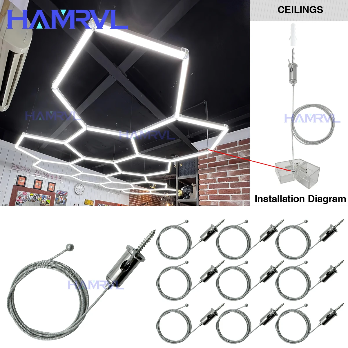 Light suspension kit light lifting cable hexagonal light cable Hexagonal light lifting rope 1M Adjustable suspension cables Steel 1-100cm Hanging chain Lamp Lifting for Garage Honeycomb Tube