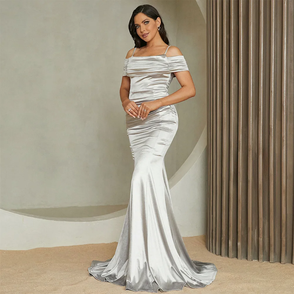

Silver Satin Trumpet Prom Dress for Women 2023 Long Spaghetti Straps Off the Shoulder Formal Dresses Girls vestidos de cerimonia
