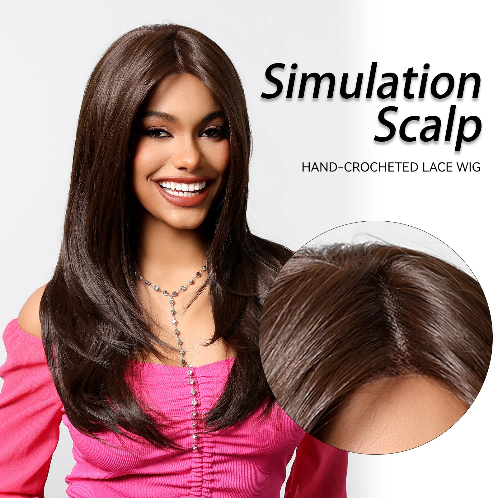 13* 6 Lace Straight Wigs Dark Brown for Women Layered Straight Synthetic Wig for Natural Daily Use Lace Heat Resistant Fiber