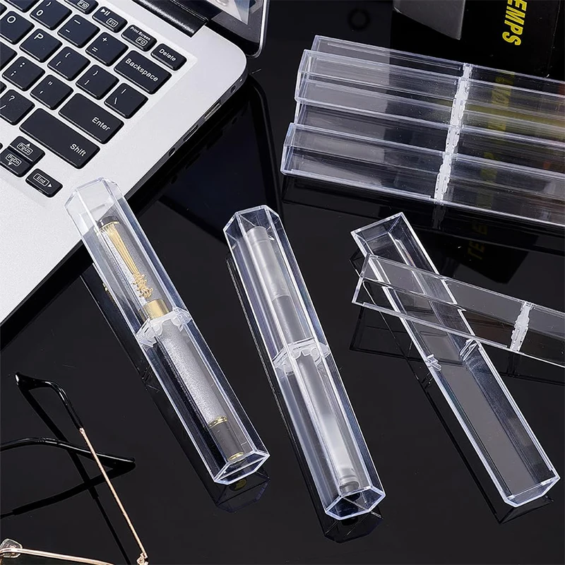 10-60Pcs Transparent Pen Box Hexagonal Pen Case Acrylic Display Box for School Office Clear Plastic Case
