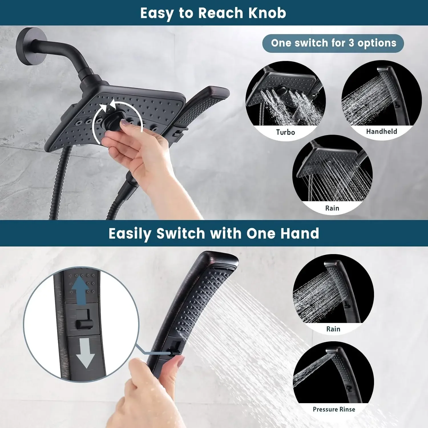 Four Spray Settings Shower Head Set Oil Rubbed Bronze and Black Finishing with 60" Long Stainless Steel Shower Hose 2