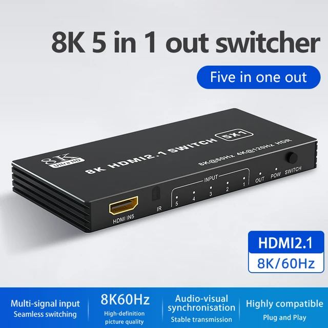 HDMI 2.1 Switch Splitter 120Hz 5/4/3-Port HDMI 8K@60Hz Splitter Switcher CEC 48Gbps  with remote HDMI HDR IR Remote 4K@120Hz 2K