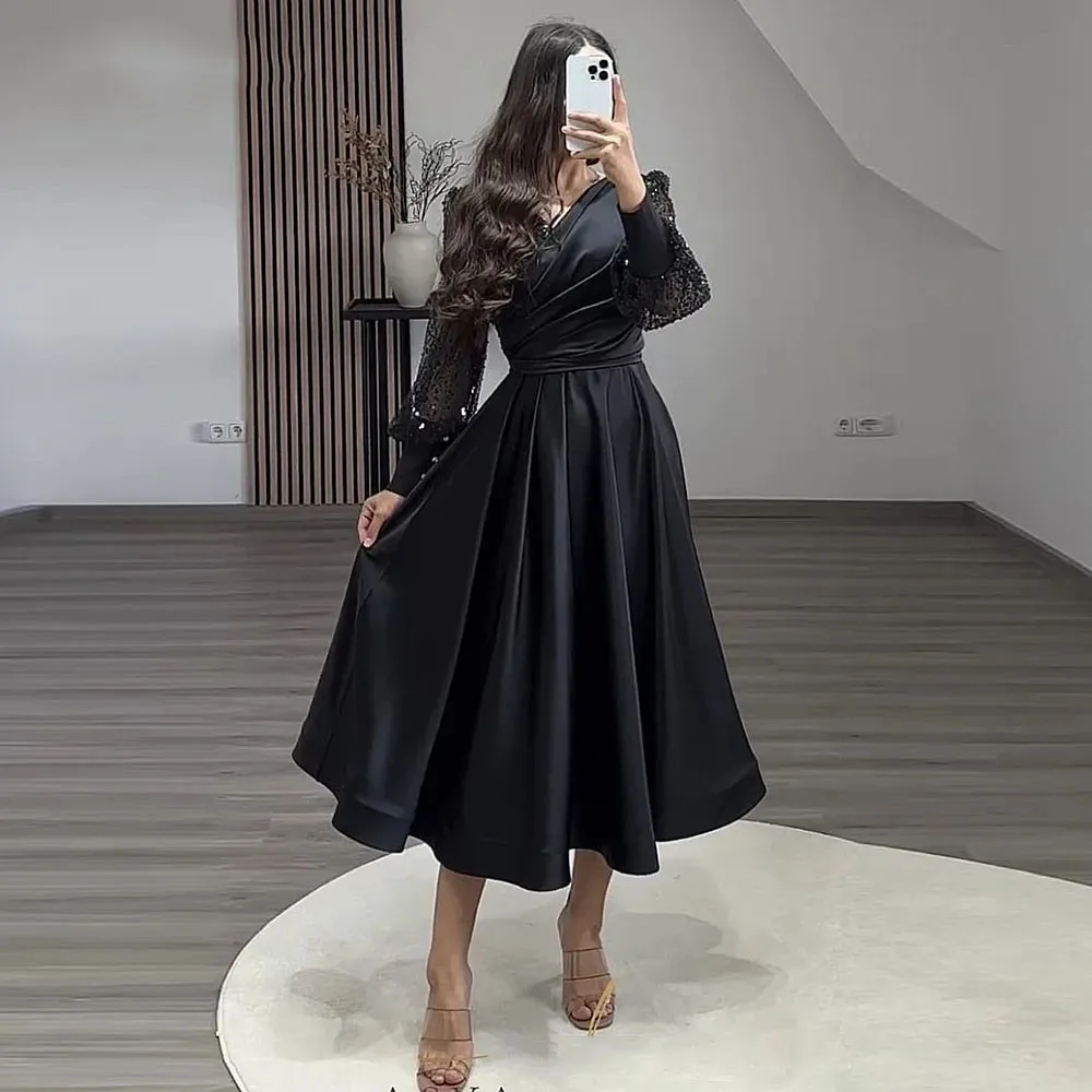 

FDHAOLU Black Evening Dress for Wedding Party Satin Long Sleeves A-Line Shiny V-Neck Arabic Dubai Short Prom Gowns Celebrity