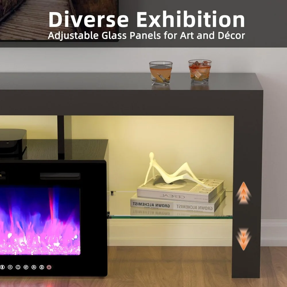 Modern 70" TV Fireplace Stand with 12-Color LED Lights & 12-Color Flame, High Gloss Floating Fireplace Entertainment Center 4
