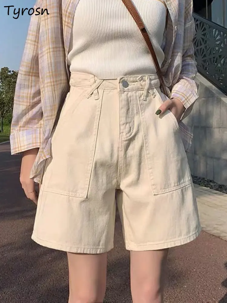 

Denim Shorts Women Solid Design Simple All-match High Waist Leisure Straight Summer Fashion Students Korean Style Cozy Tender