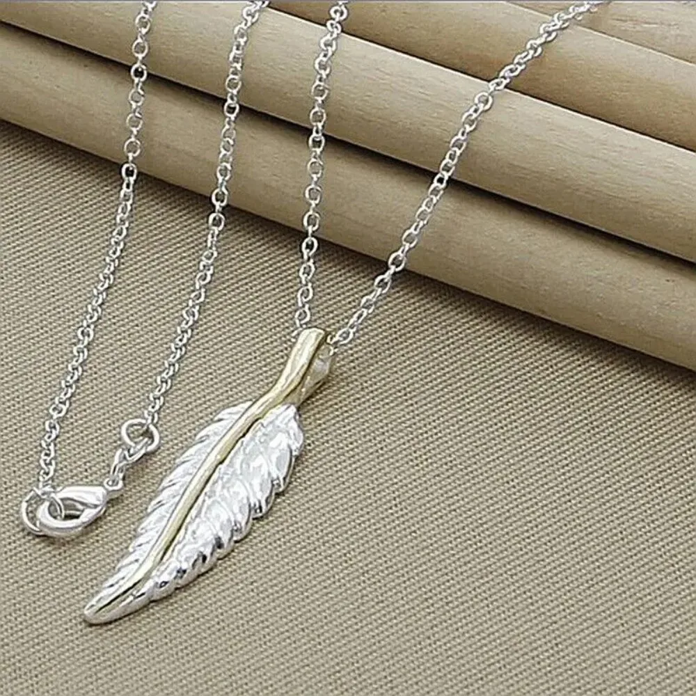 

CHUANGCHENG Stylish Fashion 925 Sterling Silver Leaves Feather Pendant Necklace Chain