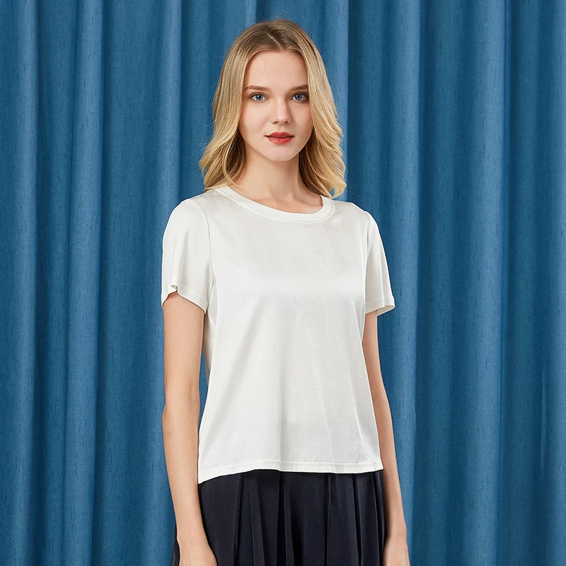 

Silk Front Twill Satin Patchwork Back Double-sided Knit O-neck Short Sleeved Versatile Casual Mulberry Silk White T-shirt BE86
