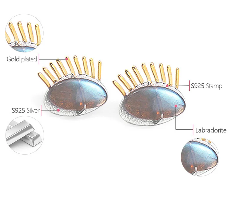 brincos peitoral de prata esterlina real flor de joia fina criativa labradorite brincos interessantes de cílios dourados para mulheres