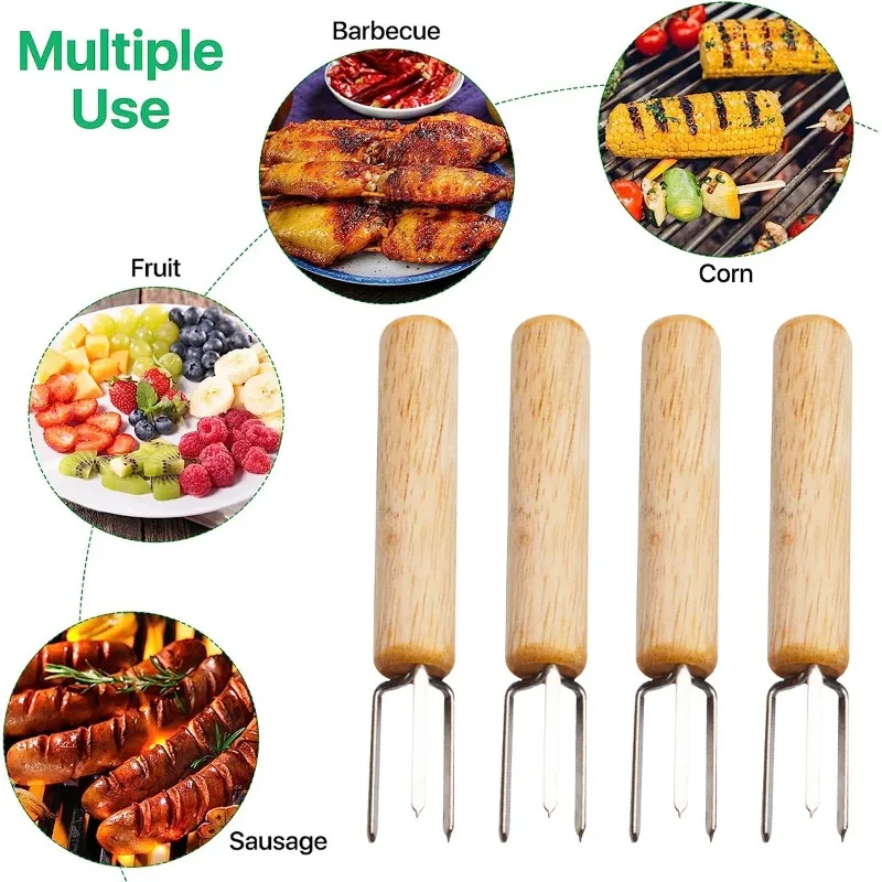 1Pcs Corn Holders Stainless Steel Cob Skewers Fruit Forks Wooden Handle Outdoor BBQ Tools Picnic Cooking Tools grill accesories