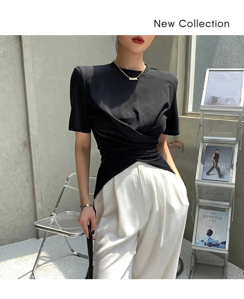 2022 New Summer Solid Cross Women's T-Shirts Long Sleeve O-Neck Front Split Bottoming Minimalist Shirts Chic Long Tops Female cheap graphic tees