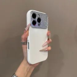 Glamorous Glitter Shockproof Camera Protection Case with Diamond Accents - Candy Color Bumper - iPhone 15 Plus (White)
