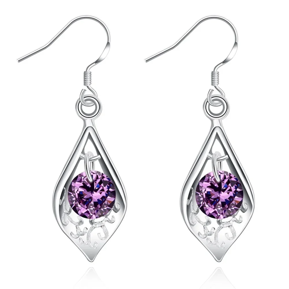 

Fine 925 Sterling Silver Luxury Purple Crystal Zircon Earrings Cute Lovely Charms for Woman Engagement Wedding Jewelry Gift