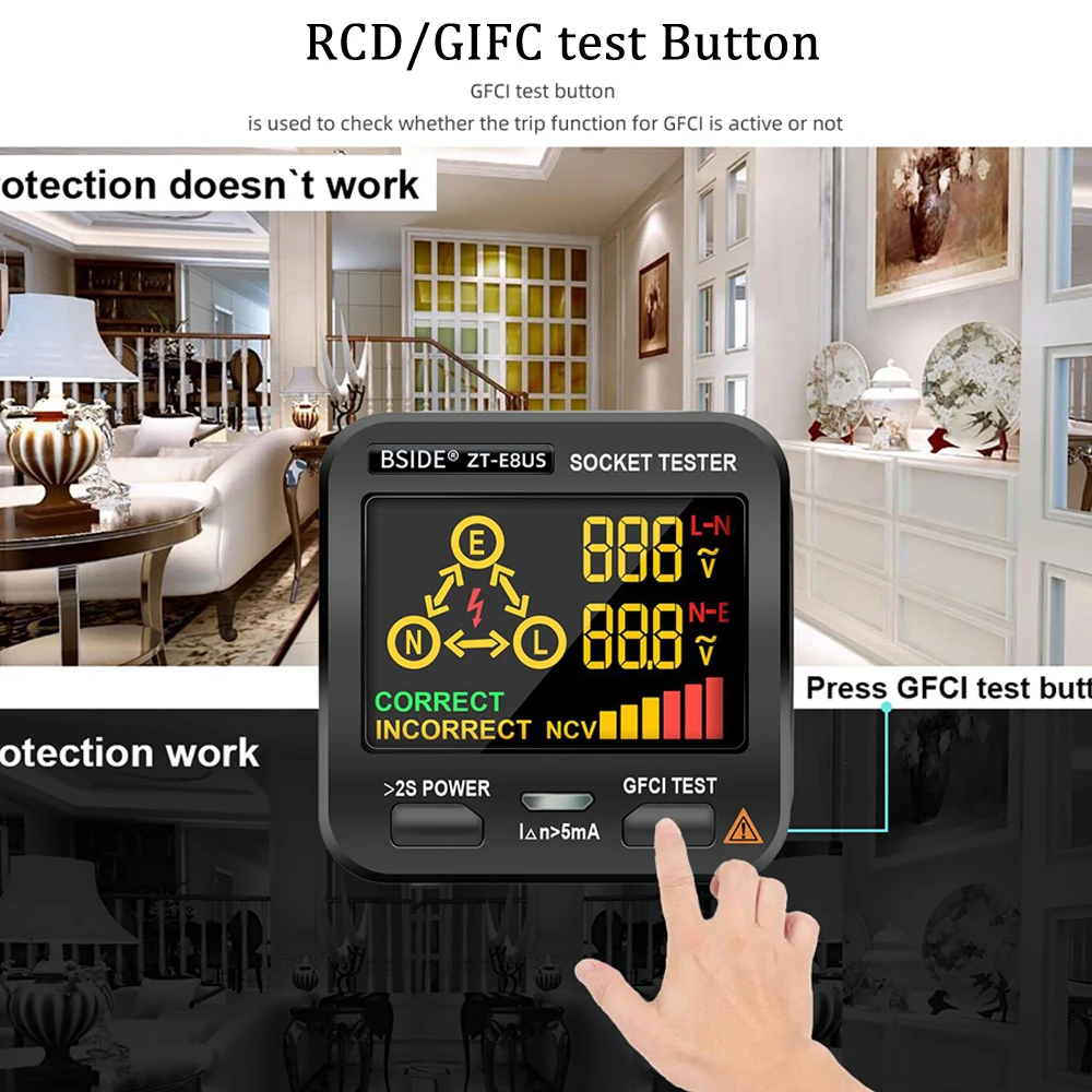 BSIDE Digital Socket Tester Smart Voltage Detector RCD GFCI NCV Test Large display Outlet checker EU US UK Plug Ground Zero Line 5