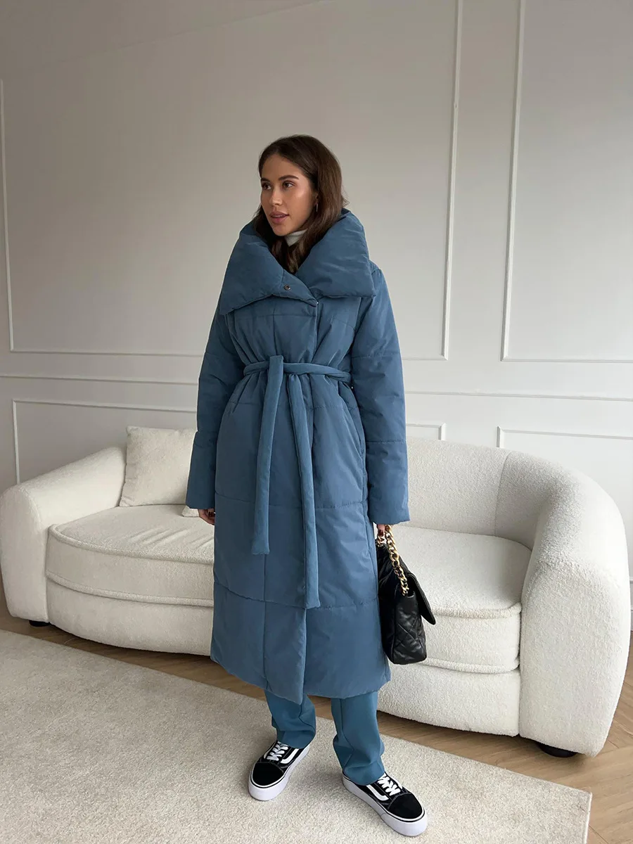 Winter Female Parkas Outwear Loose Lace-Up High Waist Long Sleeve Pocket Lapel Bandage Coat For Women Solid Parkas