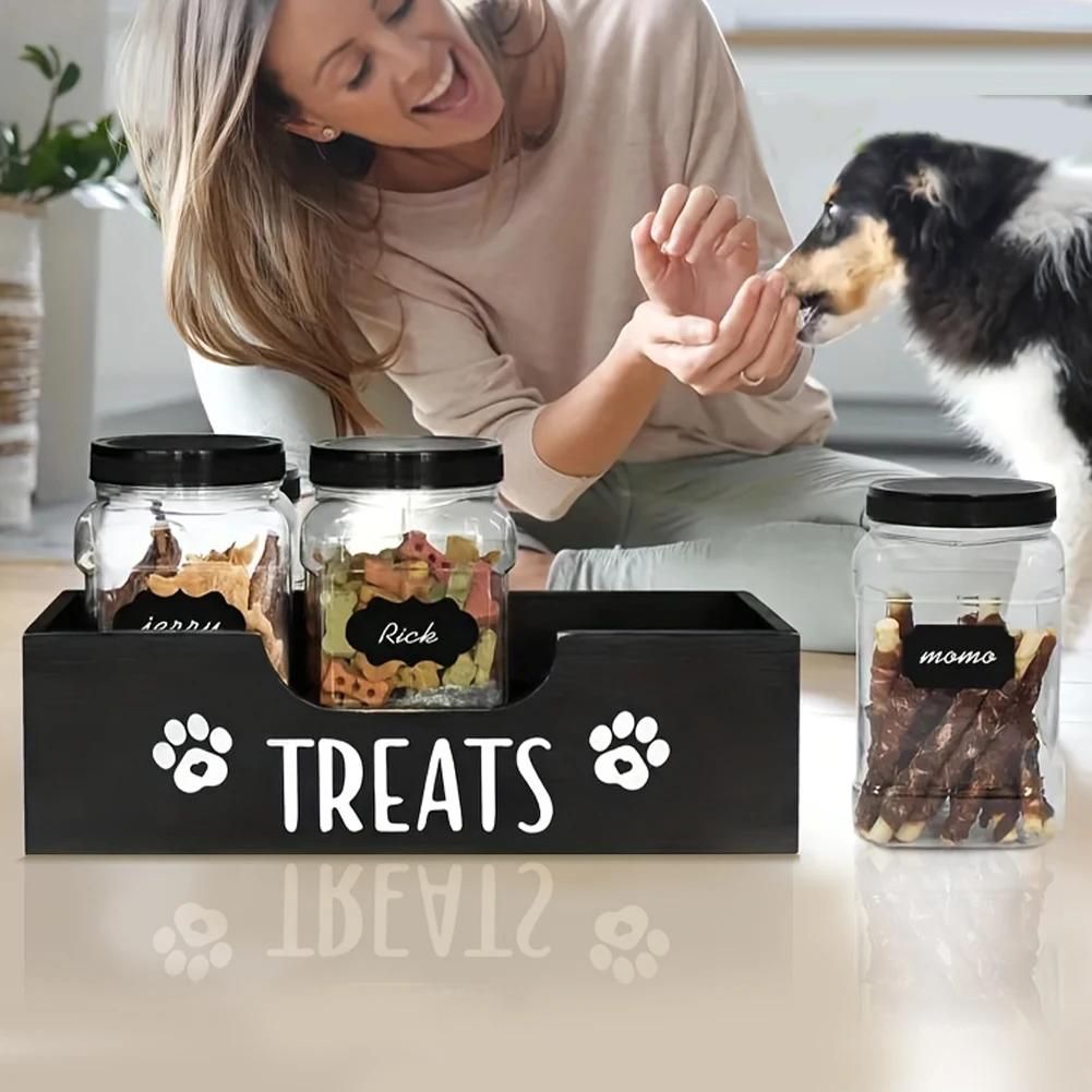 Wooden Pet Snack Storage Box with 3 Plastic Airtight Treat Jar Dog Cat Treat Container Dog Treat Bin Holder Pet Supply Organizer