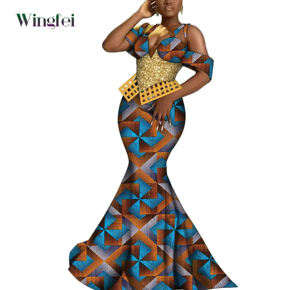 Megmunkalás Bor színe africaine dashiki afro dresses számára Nők Ankara nyomtatás Félfogadás estélyi gowns Választékos maxi stv Hölgy dresses WY1051