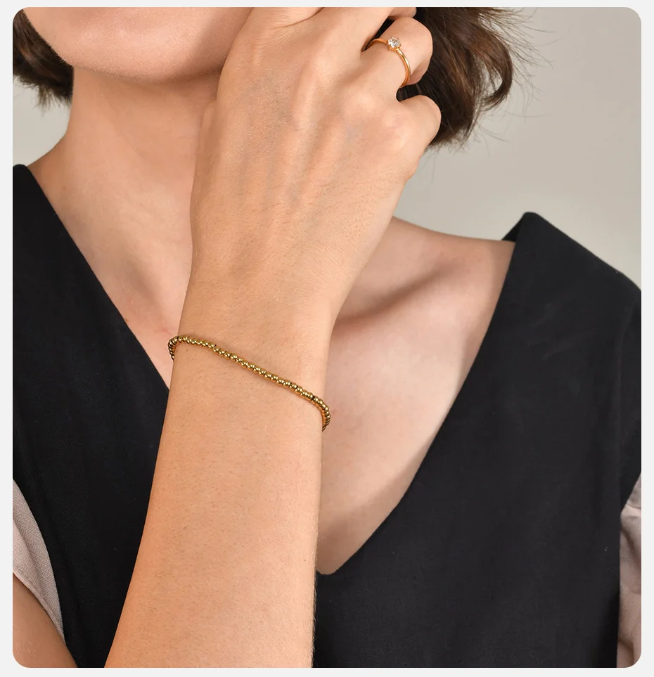 Vnox goldfarbene Perlenarmbänder für Damen und Herren, Anti-Allergie-Edelstahl-Perlenkugel, dehnbares, elastisches Stapelarmband-Set – Detail 3