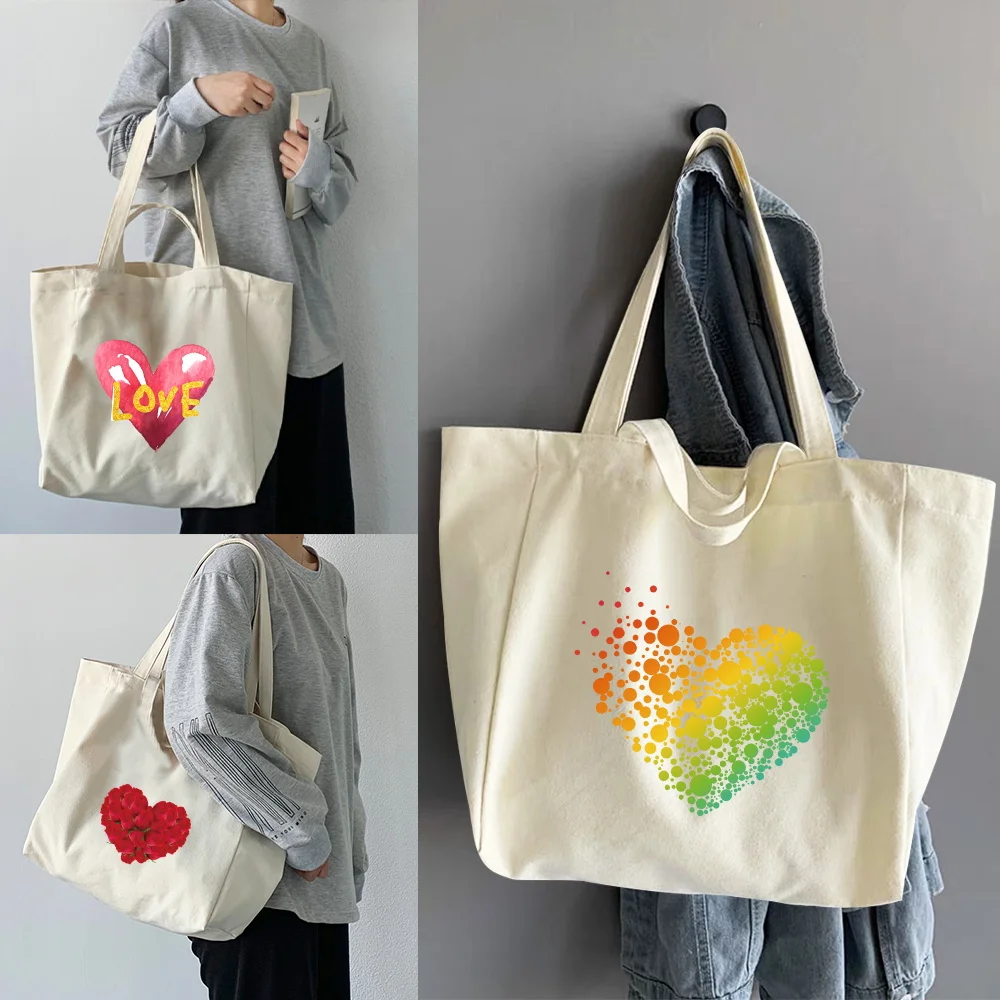 

Foldable Reusable Women Shopping Bags Casual Student Canvas Tote Bags Shopper Bags 2022 Love Pattern Print Shoulder Bag Handbag