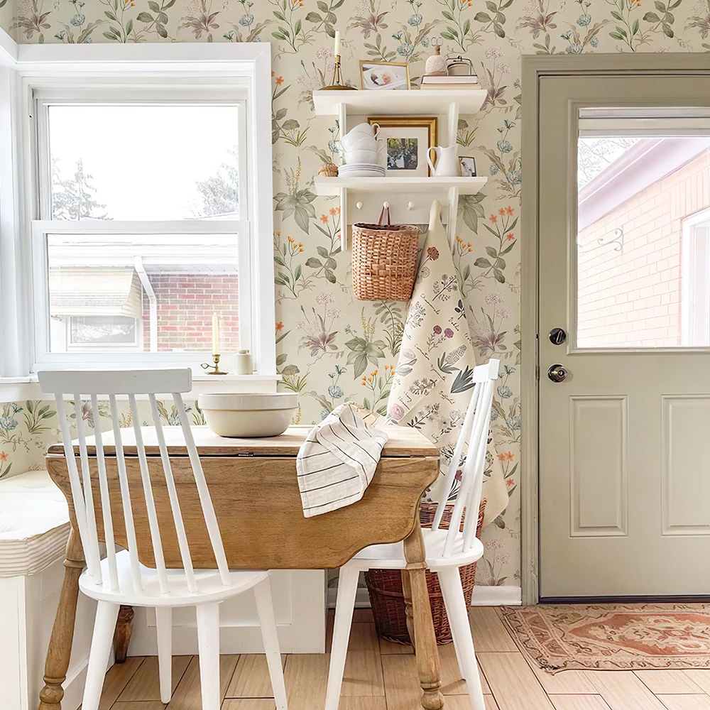 Retro Floral Light Yellow Floral Wallpaper Self-adhesive Home Decor Waterproof Flower Wallpaper PVC Furniture Cabinet Sticker 3