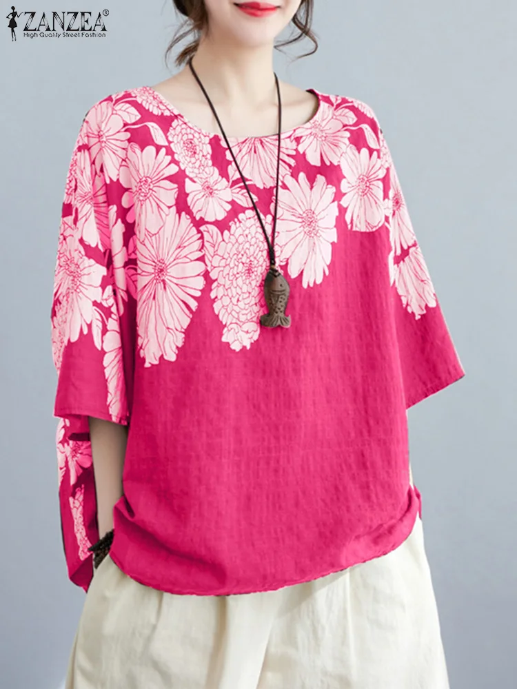 

Блузка ZANZEA женская с цветочным принтом, Повседневная Свободная рубашка с рукавом 3/4, модная мешковатая туника с круглым вырезом, топ в ретро стиле