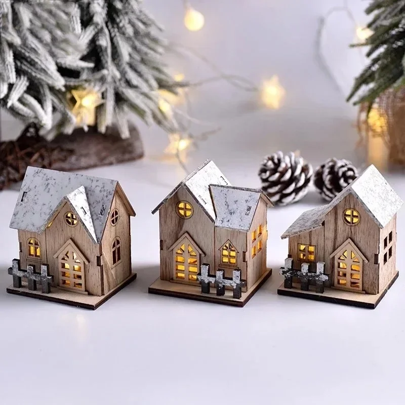 Christmas LED Light Wooden House Luminous Cabin Merry Christmas Decorations For Home DIY Xmas Tree Ornaments Kids Gifts New Year