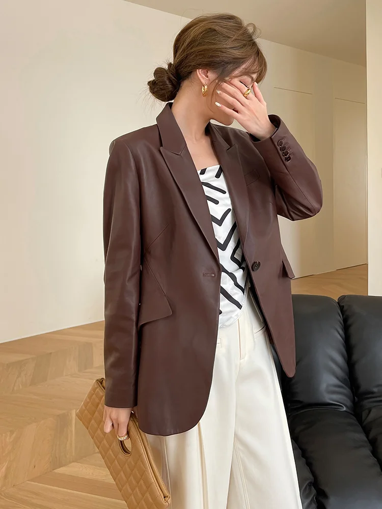 

Genuine Leather Women's Blazers Jacket Spring Autumn 2024 New Fashion Single Button Long Sleeved Natural Sheepskin Coat jaqueta