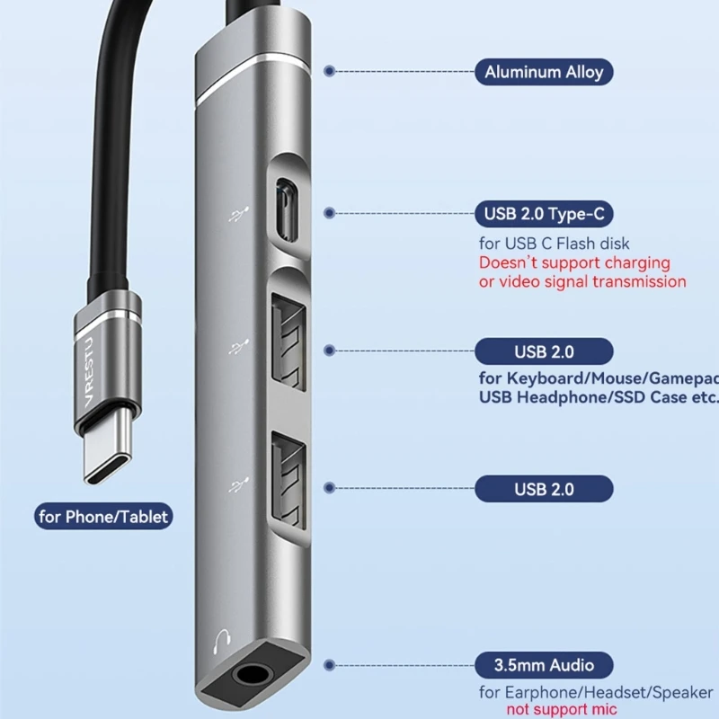 Type-C 도킹 스테이션 3.5mm 플러그 USB2.0 TypeC 허브 4 in 1 USB 어댑터 합금