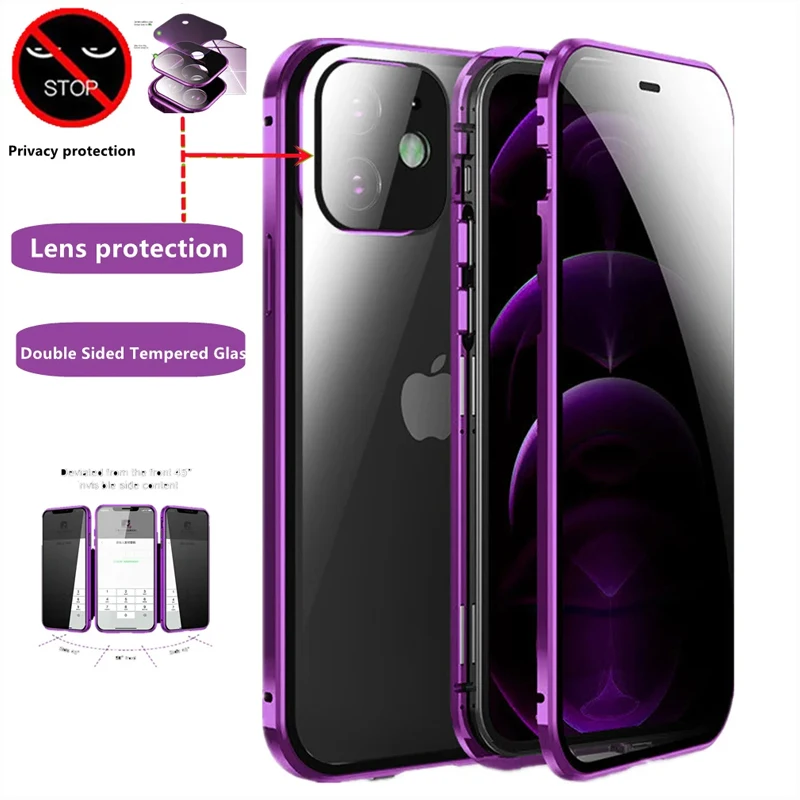360° Full Protection Metal Magnetic Anti Peeping Buckle Lock Case For iPhone 15 14 13 12 11 Pro Max Double-Sided Glass Cover