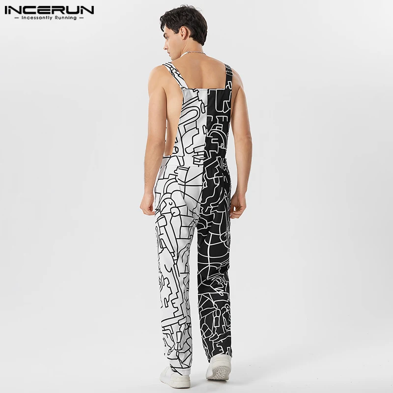 Denim overalls Men Jumpsuits Print Patchwork Sleeveless Streetwear Summer Suspenders Rompers Fashion Male Straps Overalls S-5XL INCERUN