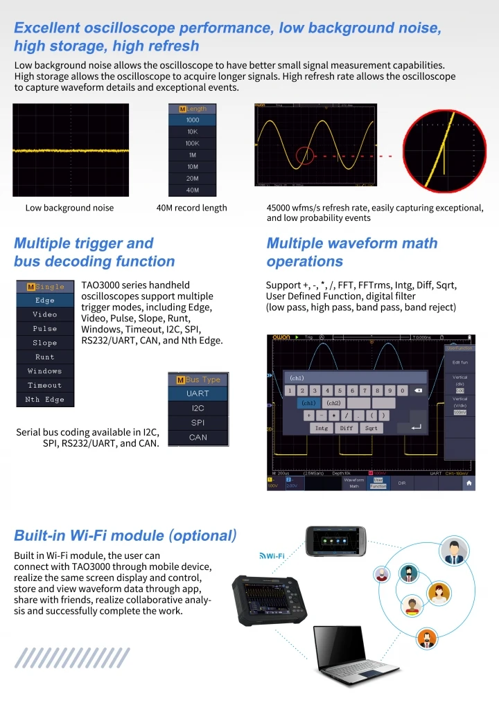 Portable Tablet Digital Oscilloscope 2CH 1GS/s 8 bits TAO3072 TAO3102 14 bits TA