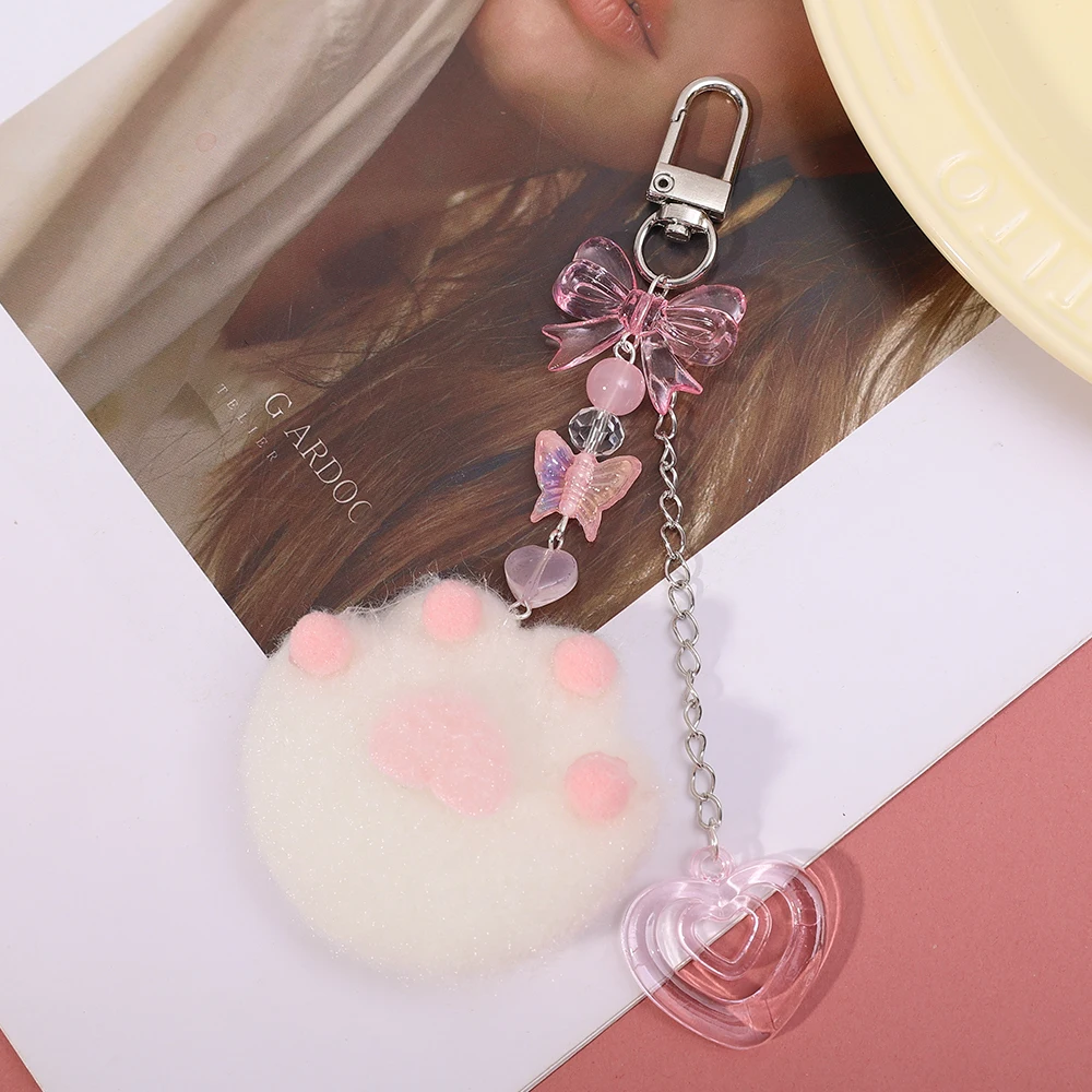 Cute Plush Cartoon Cat Claw Keychain Soft White Pink Key Ring Pendant Backpack Car Pendant Decoration Keyholder Lolita Girls